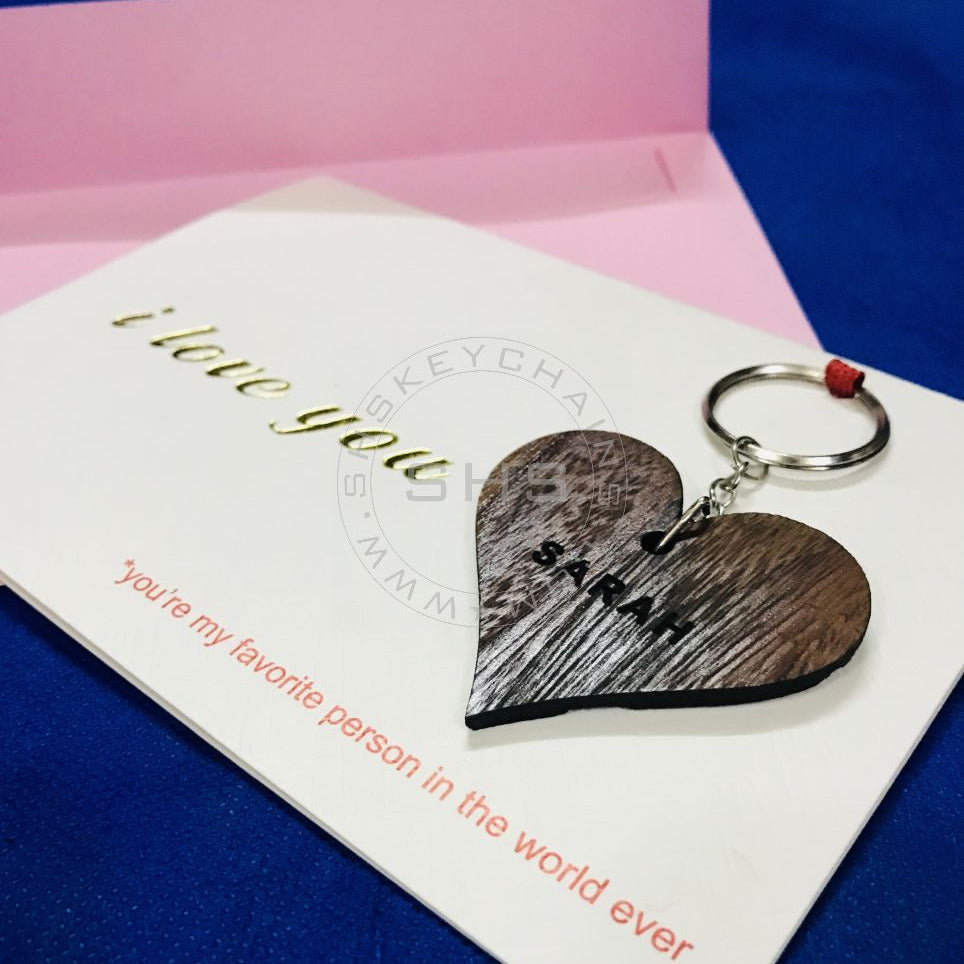 Customizable - I Love you Greeting Card with Wooden Heart Name Keyring