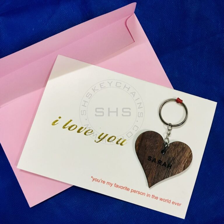 Customizable - I Love you Greeting Card with Wooden Heart Name Keyring