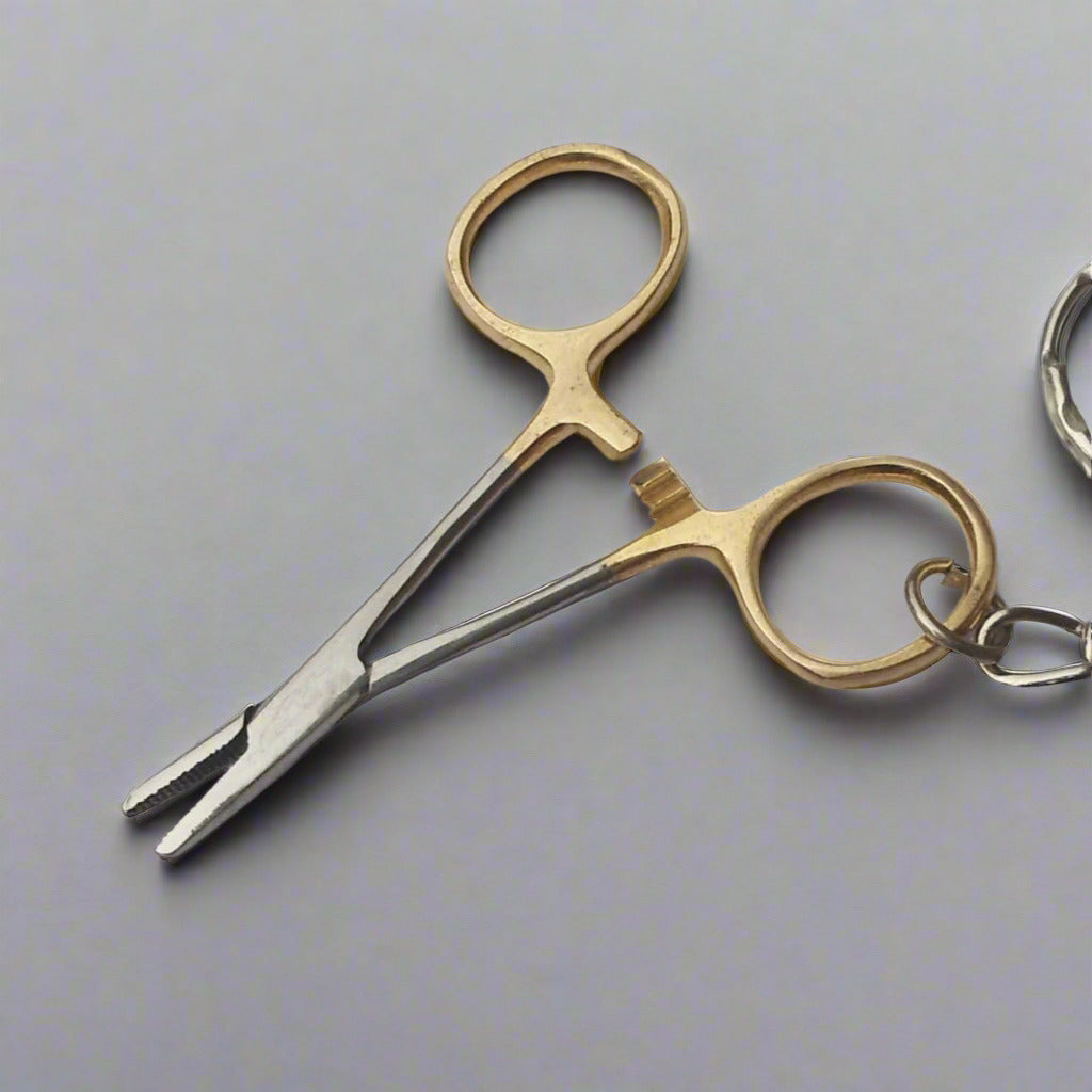 Keychain - Miniature Needle Holding Forceps Gold Plated Rings
