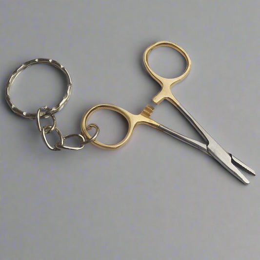 Keychain - Miniature Needle Holding Forceps Gold Plated Rings