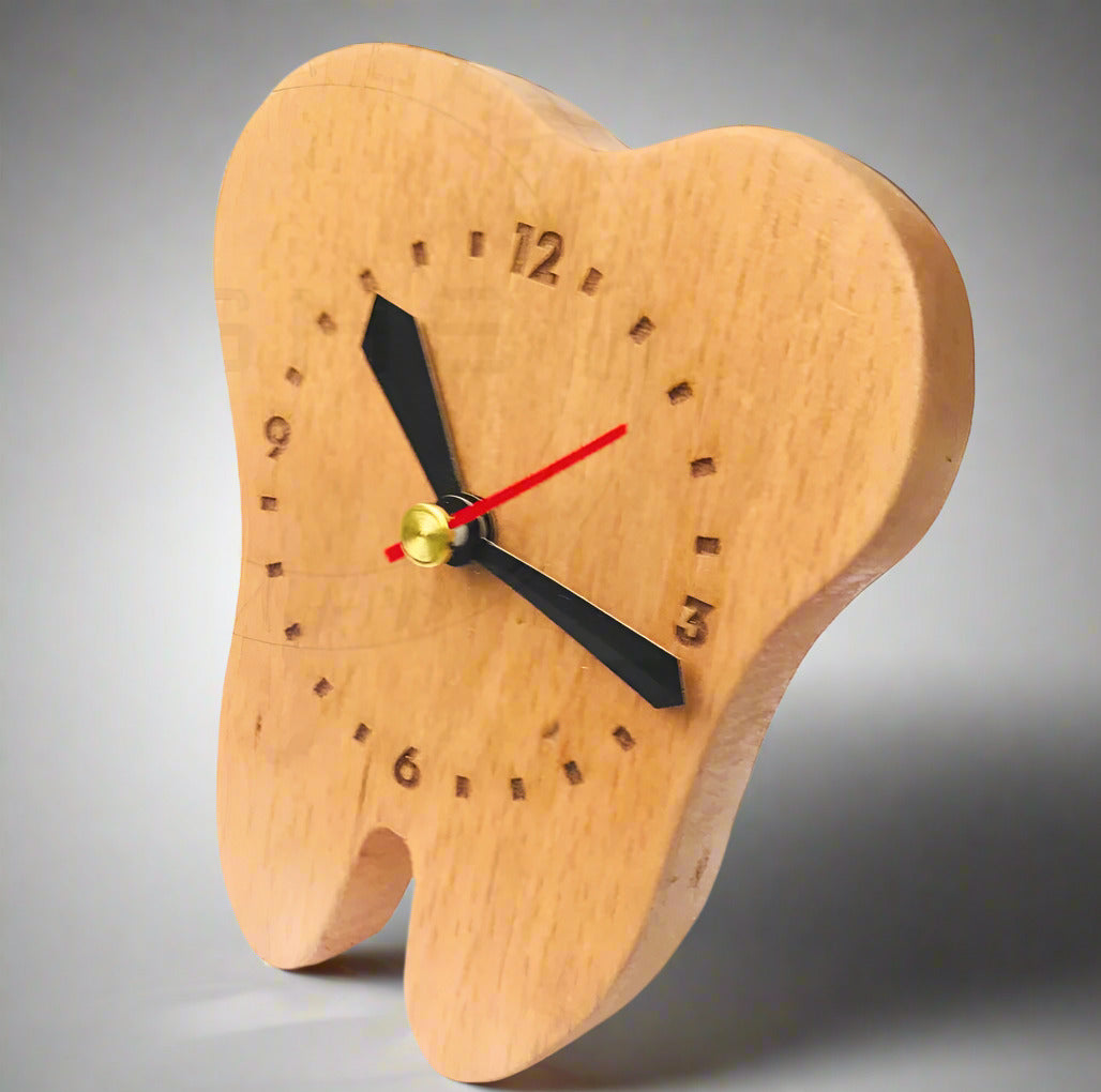 Tooth Shaped Wooden Desktop Clock for Dentists