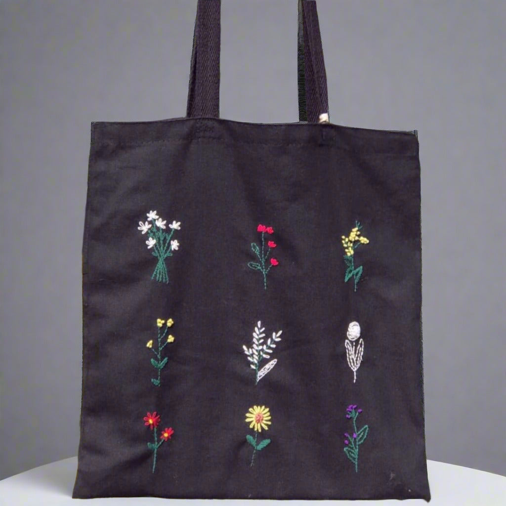 Black Cotton Tote Bag with Handcrafted Crochet Flowers