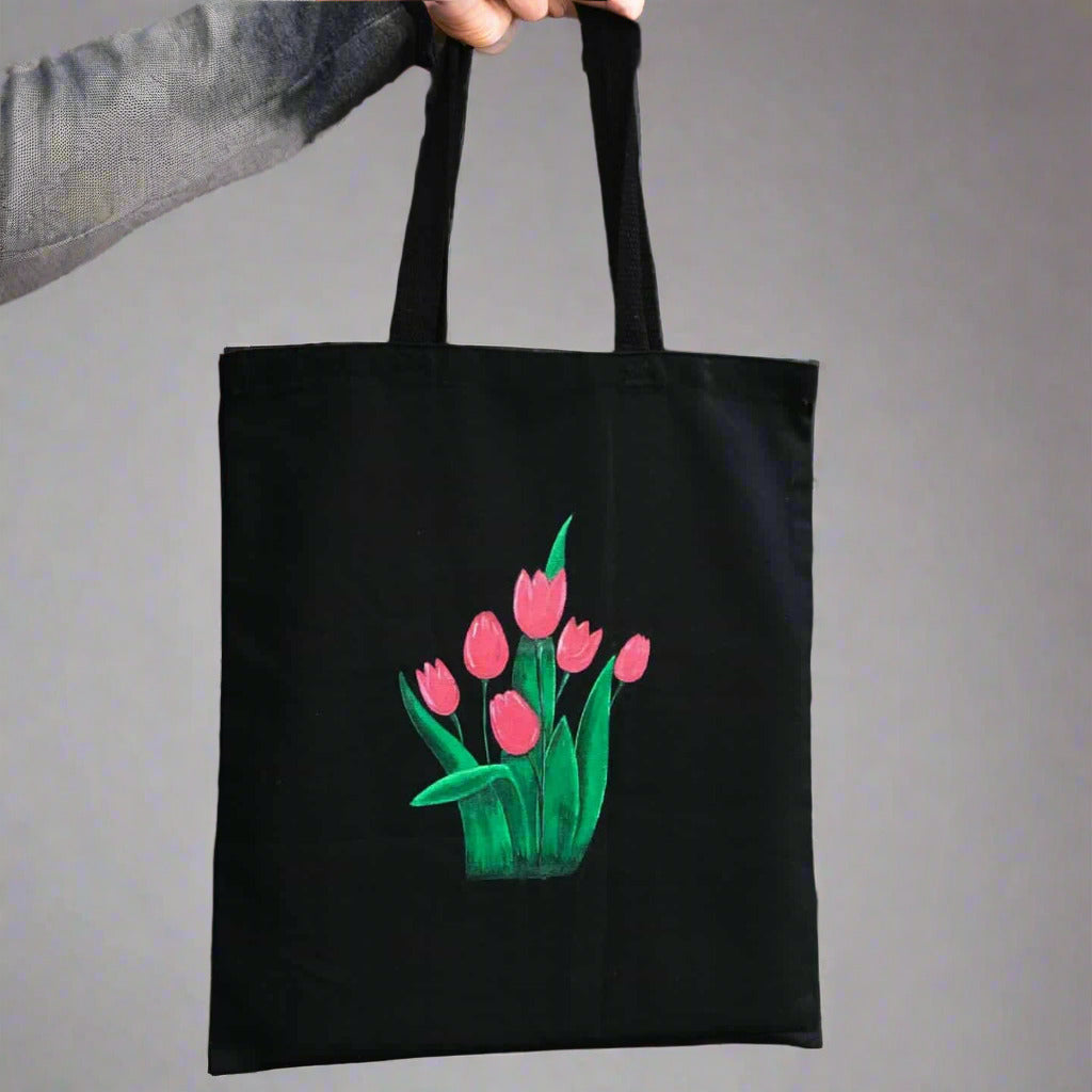 Black Cotton Tote Bag with Hand Painted Flowers