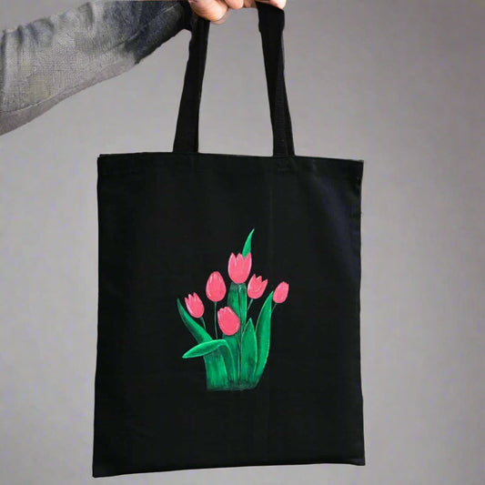 Black Cotton Tote Bag with Hand Painted Flowers