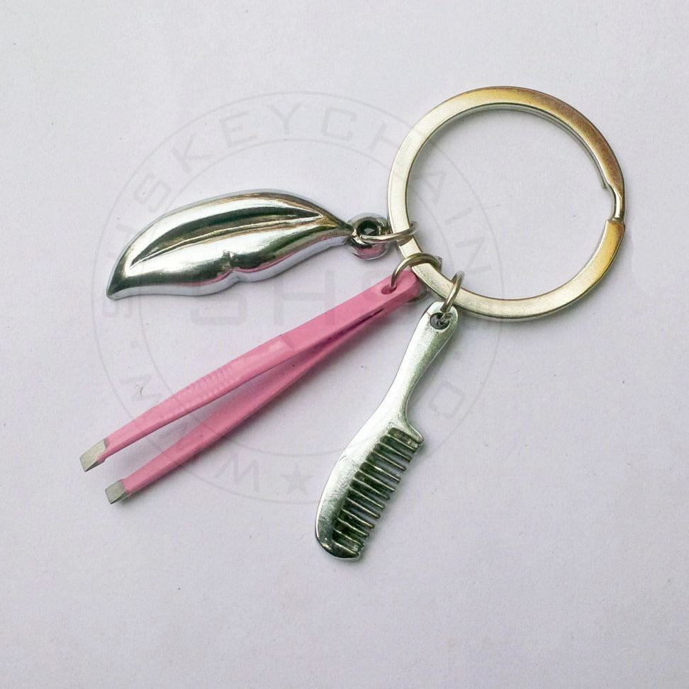 Beautician Charms Keychain - Lips-Tweezers-Comb