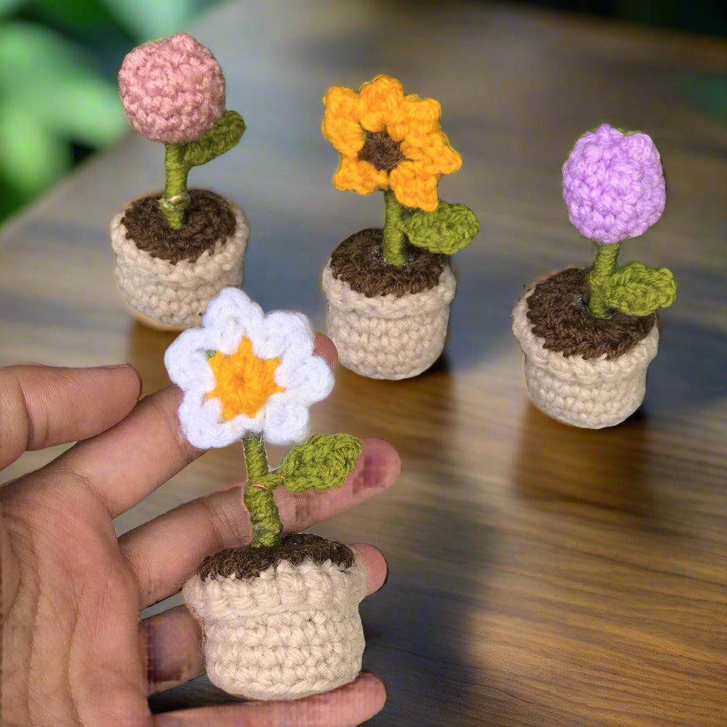 Set of 4 - Handmade Crochet Flowers in mini Planters