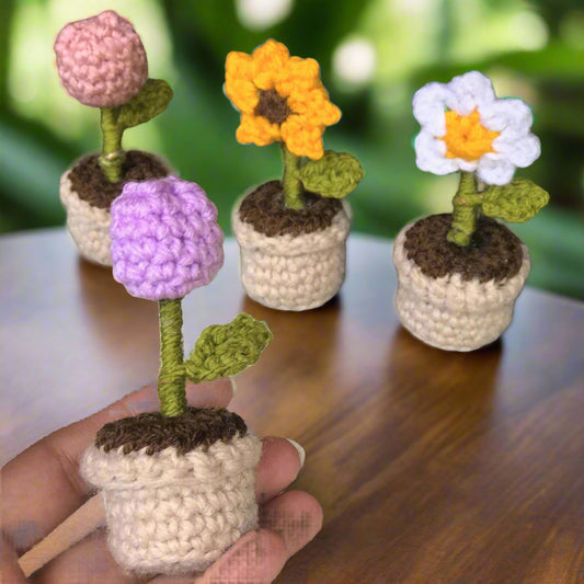 Set of 4 - Handmade Crochet Flowers in mini Planters