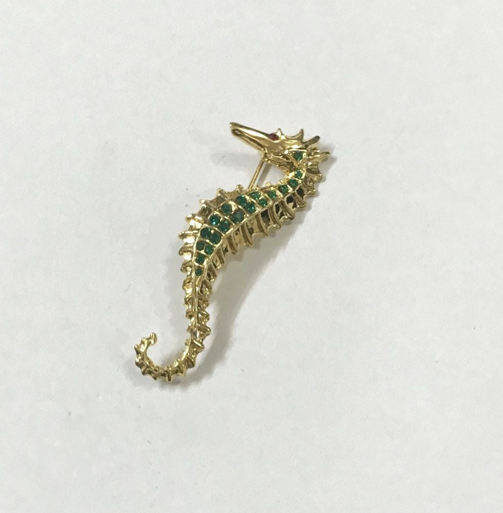 Cute Seahorse Gold Finish Brooch with Green Beads