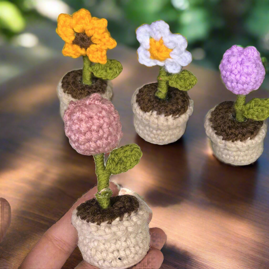 Set of 4 - Handmade Crochet Flowers in mini Planters
