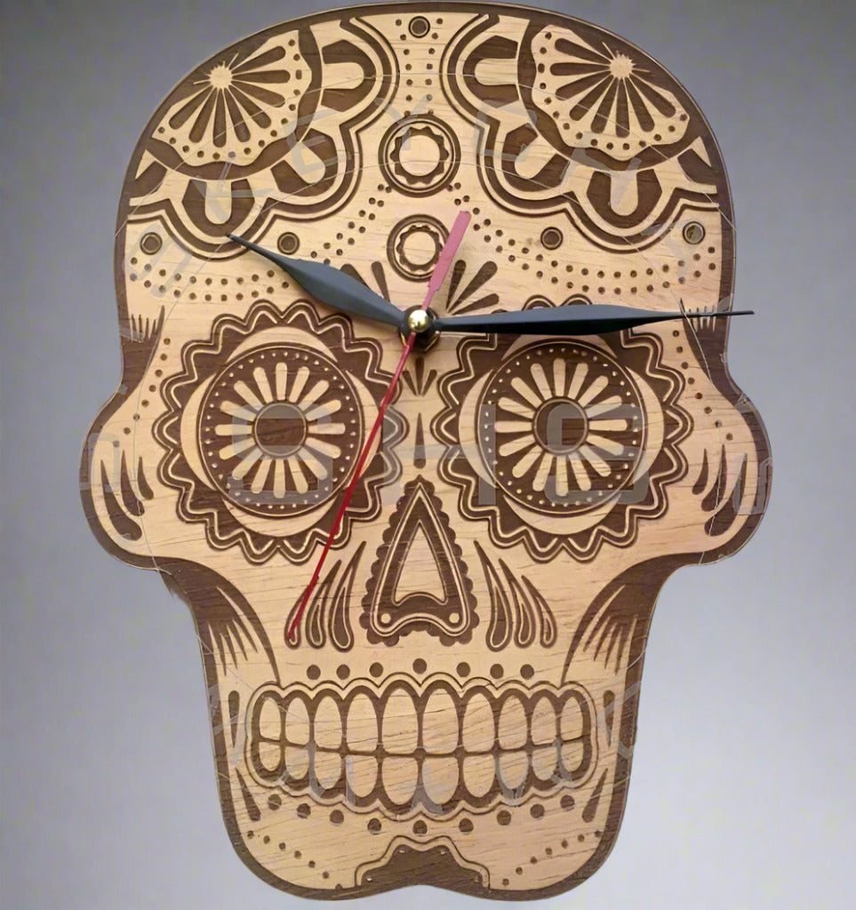 Laser Cut Plywood Sugar Skull Shaped Wall Clock