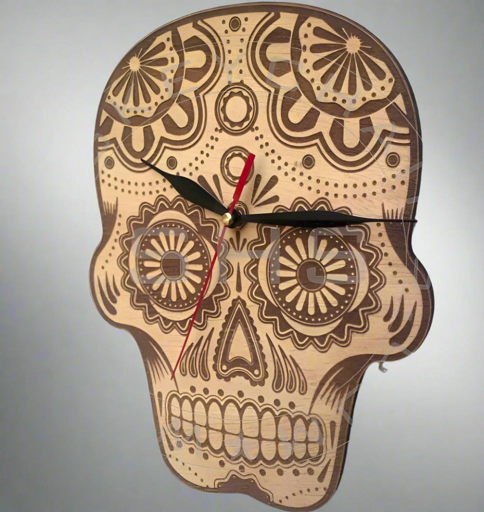 Laser Cut Plywood Sugar Skull Shaped Wall Clock