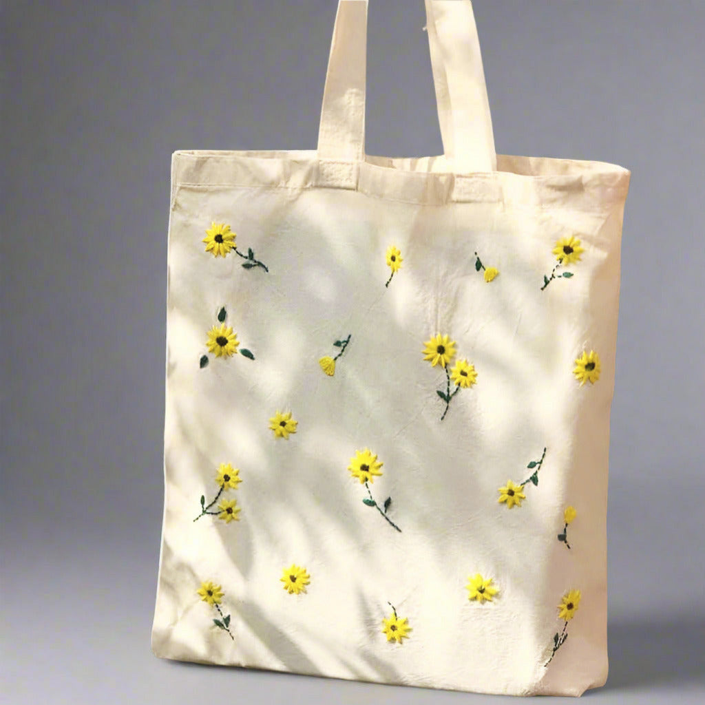 Cotton Tote Bag with Handcrafted Crochet Flowers