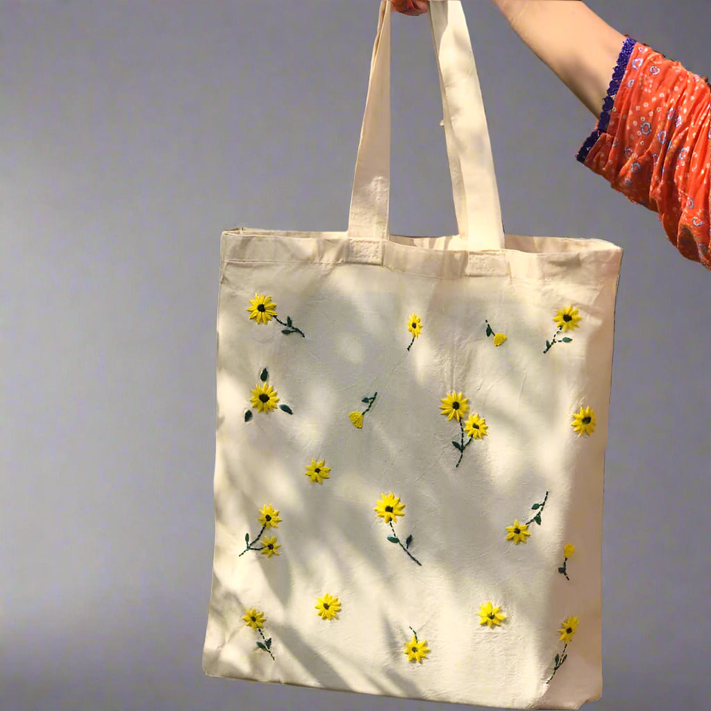 Cotton Tote Bag with Handcrafted Crochet Flowers