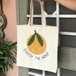 Crochet Orange Tote Bag with Enjoy the Now Message