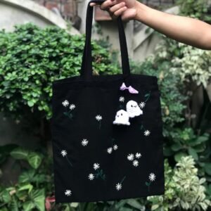 Hand-Embroidered Daisy and Ghost Tote Bag