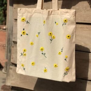 Hand-Embroidered Sunflower Tote Bag