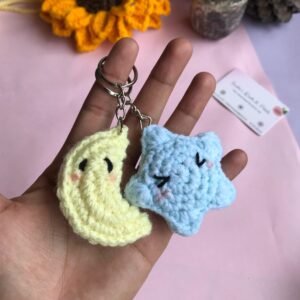 Handmade Crochet Moon and Star Couple Keychain