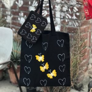 Butterfly Hearts Hand-Painted Tote Bag and Pouch Set