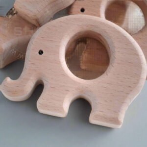 Elephant Shaped Beech Wood Baby Teether – Natural Oil Finished Wooden Teething Toy for Infants