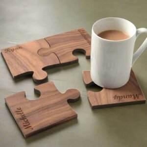 Personalized Puzzle Piece Wooden Coasters – Interlocking Family Set of 4 (Custom Names Engraved)