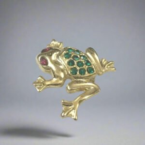 Gold Plated Frog Brooch with Crystal Beads – Cute Animal Lapel Pin