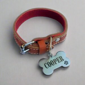 Personalized Genuine Leather Dog Collar with Custom Engraved Bone ID Tag – Handmade Premium Pet Collar