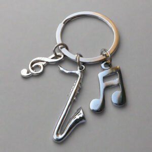 Miniature Saxophone & Musical Notes Keychain – Silver Metal Charm Combo