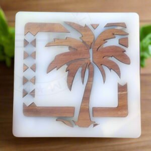 Acrylic & Wood Inlay Palm Tree Coasters – Modern Tropical Square Set (Set of 4)