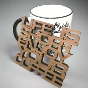 Laser Cut Coffee Theme Wooden Coasters – Typographic Design Drink Mats (Set of 4)