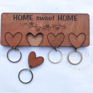 Home Sweet Home Wooden Key Holder with Four Heart Keyrings – Laser Cut Wall Mounted Key Organizer