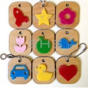 Set of 9 Wooden & Acrylic Kids Keychains – Personalized School & Party Favors