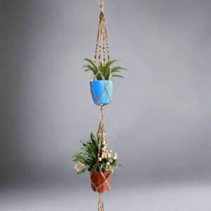 Handmade Natural Jute Macramé Double Planter Holder – 4.5 ft Bohemian Hanging Plant Display