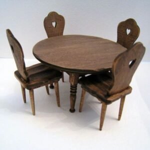 Vintage Solid Wood Miniature Dining Set – Round Table with 4 Chairs