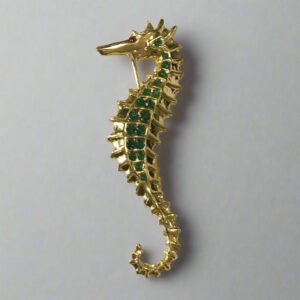 Gold Plated Seahorse Brooch – Green Crystal Accent Statement Pin