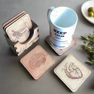 Medical Theme Laser Engraved Wooden Coaster Set (6 Pcs) with Holder – Human Anatomy Collection