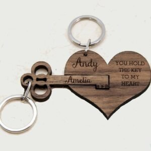 Customized Wooden Key & Heart Couple Keychain – Laser Engraved