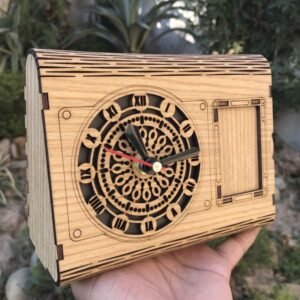 Laser Cut Wooden Desk Clock with Photo Frame – Vintage Spring Design