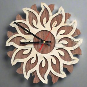 Sunburst Floral Wooden Wall Clock – Laser Cut Dual Layer Designer Clock (10–12 Inches)
