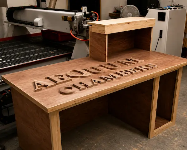 Wooden reception-style counter under construction in a woodshop, with raised letters spelling a two-word name on the top and a CNC router in the background.