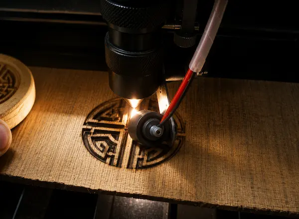 Laser engraver carving a circular geometric design into a wooden surface (close-up).