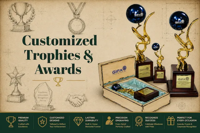 Advertisement for customized trophies and awards featuring gold trophy statues, a presentation box, and a 'Customized Trophies & Awards' headline on a beige background.