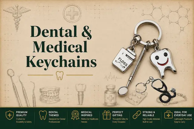 Customized dental and medical keychains featuring stethoscope, dental mirror, tooth charm and floss charms for healthcare professionals by SHS Gifts.