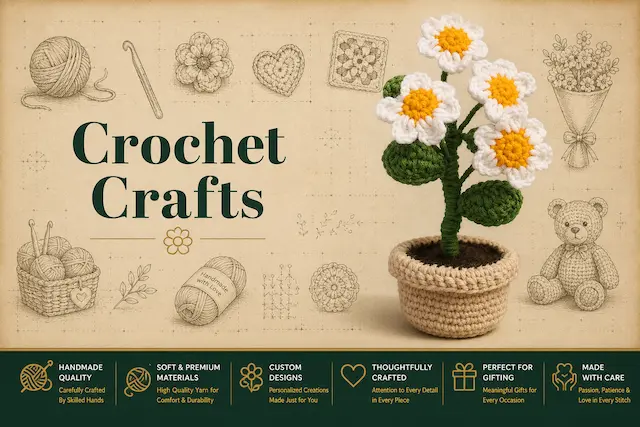 Handmade crochet flower arrangement in decorative pot crafted by SHS Gifts, showcasing artisan crochet gifts and home décor.