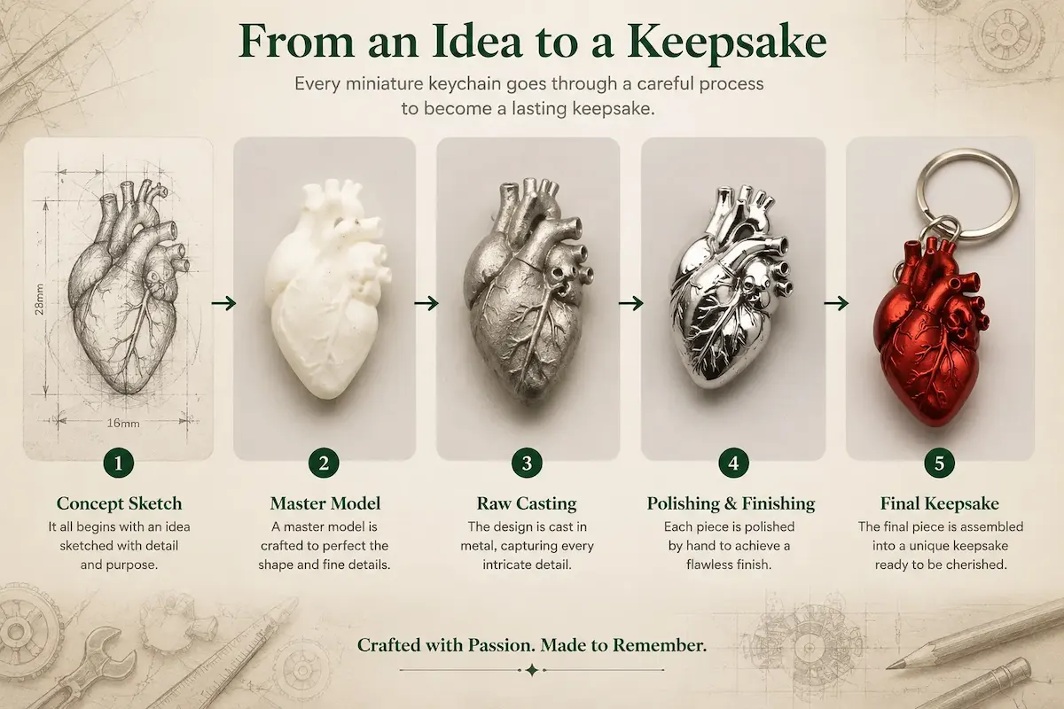 Step-by-step creation process of a miniature anatomical heart keychain, from concept sketch and master model to metal casting, polishing, and the finished collectible keychain.