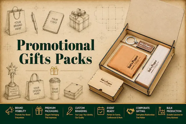 Premium promotional gift packs with customized wooden gift box, engraved wallet, keychain, pen case and corporate branding by SHS Gifts.