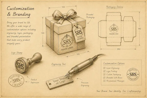 Customization and branding blueprint illustration featuring engraving, packaging, logo development, and personalized product design.