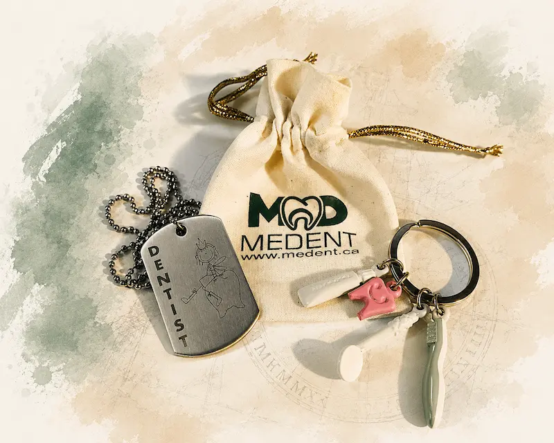 Custom dental promotional products by SHS Gifts including engraved dog tag, dental keychains, and branded gift pouch for clinics and healthcare professionals.