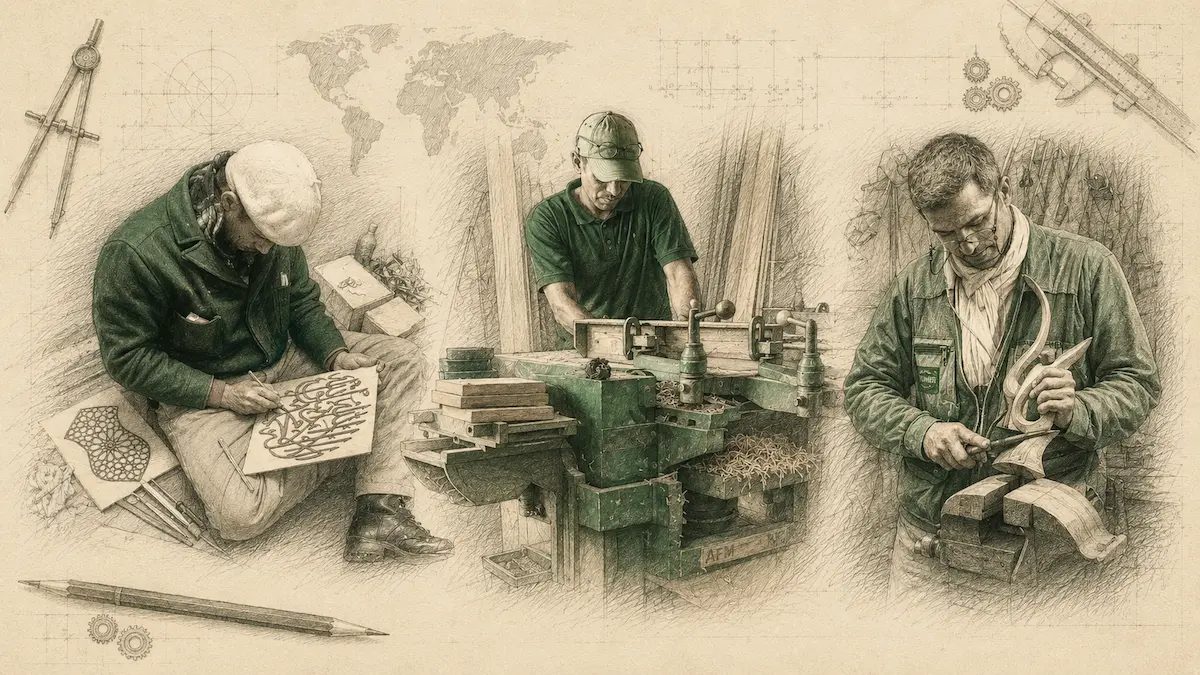SHS Gifts craftsmen transforming original ideas into handcrafted customized gifts in a traditional workshop, illustrated in vintage pencil sketch style.
