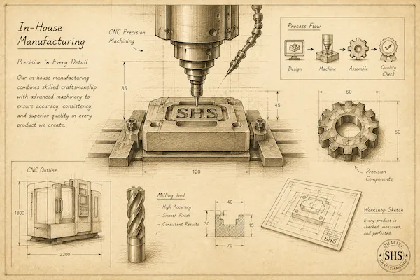 In-house manufacturing blueprint illustration showing precision production, workshop equipment, and skilled craftsmanship.