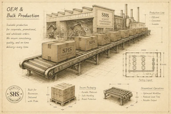 OEM and bulk production blueprint illustration showing scalable manufacturing, production planning, packaging, and factory workflow.